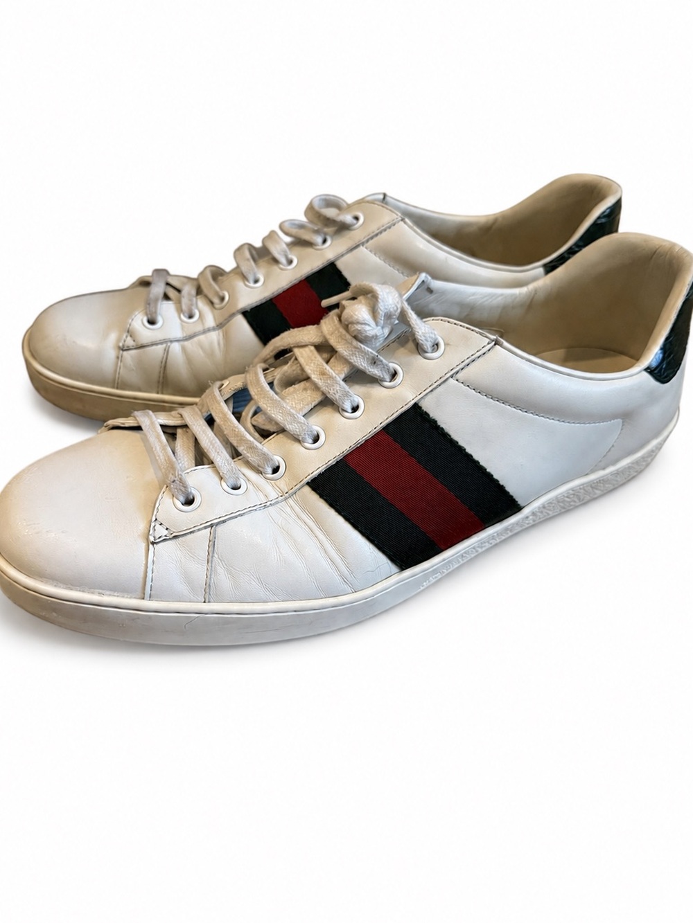 Gucci Ace Web Stripe Leather Sneakers Green Croc Heel Size 12